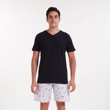 Load image into Gallery viewer, Men summer pajama set Black v-neck t-shirt + Printed birds shorts
