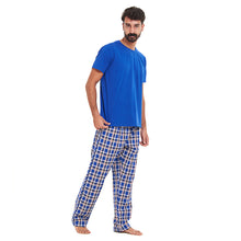 Load image into Gallery viewer, Men summer pajama set Royal blue T-shirt + Royal blue x Red Checkered Pants
