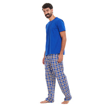 Load image into Gallery viewer, Men summer pajama set Royal blue T-shirt + Royal blue x Red Checkered Pants
