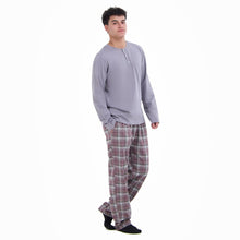 Load image into Gallery viewer, Men Fall Pajama Set Light Grey Buttoned Sweatshirt + Maroon x Light grey checkered Pants
