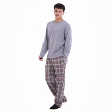 Load image into Gallery viewer, Men Fall Pajama Set Light Grey Buttoned Sweatshirt + Maroon x Light grey checkered Pants
