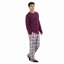 Load image into Gallery viewer, Men Fall Pajama Set Dark Red Buttoned Sweatshirt + Dark red x Grey checkered Pants
