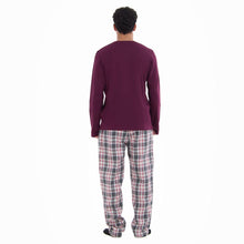 Load image into Gallery viewer, Men Fall Pajama Set Dark Red Buttoned Sweatshirt + Dark red x Grey checkered Pants
