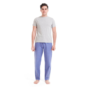 Men summer pajama set Grey T-shirt +Blue x Light Red checkered pants