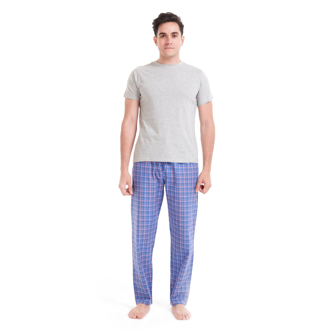 Men summer pajama set Grey T-shirt +Blue x Light Red checkered pants
