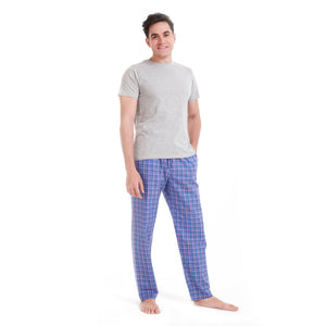 Men summer pajama set Grey T-shirt +Blue x Light Red checkered pants