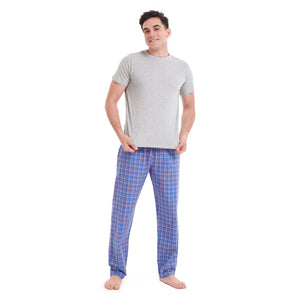 Men summer pajama set Grey T-shirt +Blue x Light Red checkered pants