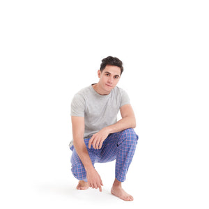 Men summer pajama set Grey T-shirt +Blue x Light Red checkered pants
