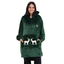 Load image into Gallery viewer, Snuggs Blanket Hoodie Dark Green Christmas Deer Pocket
