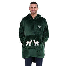 Load image into Gallery viewer, Snuggs Blanket Hoodie Dark Green Christmas Deer Pocket
