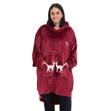 Load image into Gallery viewer, Snuggs Blanket Hoodie Dark Red Christmas Deer Pocket
