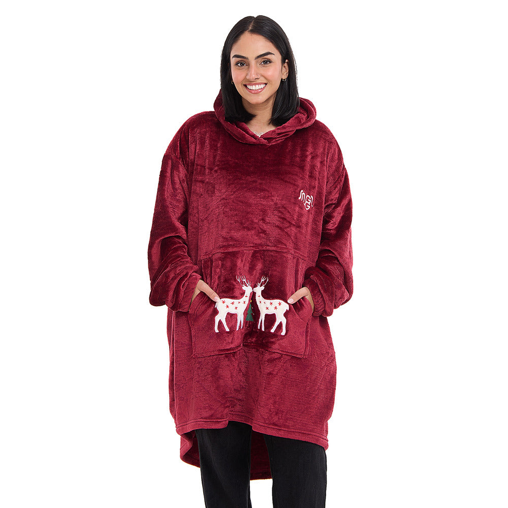 Snuggs Blanket Hoodie Dark Red Christmas Deer Pocket