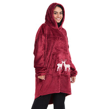 Load image into Gallery viewer, Snuggs Blanket Hoodie Dark Red Christmas Deer Pocket
