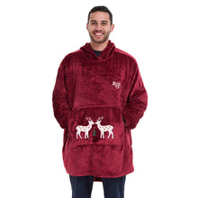 Load image into Gallery viewer, Snuggs Blanket Hoodie Dark Red Christmas Deer Pocket
