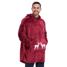 Load image into Gallery viewer, Snuggs Blanket Hoodie Dark Red Christmas Deer Pocket
