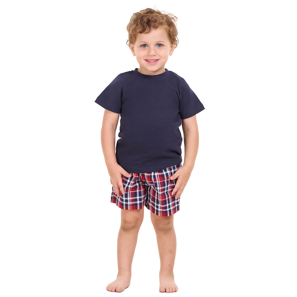 Boys summer pajama set Dark Blue t-shirt +Dark Blue x Red Checkered shorts