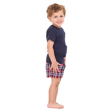 Load image into Gallery viewer, Boys summer pajama set Dark Blue t-shirt +Dark Blue x Red Checkered shorts
