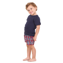 Load image into Gallery viewer, Boys summer pajama set Dark Blue t-shirt +Dark Blue x Red Checkered shorts

