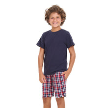 Load image into Gallery viewer, Boys summer pajama set Dark Blue t-shirt +Dark Blue x Red Checkered shorts
