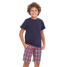 Load image into Gallery viewer, Boys summer pajama set Dark Blue t-shirt +Dark Blue x Red Checkered shorts
