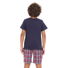 Load image into Gallery viewer, Boys summer pajama set Dark Blue t-shirt +Dark Blue x Red Checkered shorts

