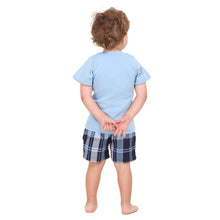 Load image into Gallery viewer, Boys summer pajama set Light Blue t-shirt +Light Blue x Dark Blue Checkered shorts

