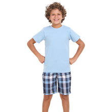 Load image into Gallery viewer, Boys summer pajama set Light Blue t-shirt +Light Blue x Dark Blue Checkered shorts
