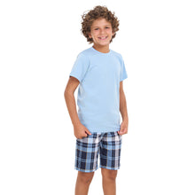 Load image into Gallery viewer, Boys summer pajama set Light Blue t-shirt +Light Blue x Dark Blue Checkered shorts

