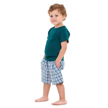 Load image into Gallery viewer, Boys summer pajama set Petroleum t-shirt +Petroleum x White Checkered  shorts
