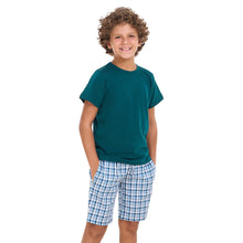 Load image into Gallery viewer, Boys summer pajama set Petroleum t-shirt +Petroleum x White Checkered  shorts
