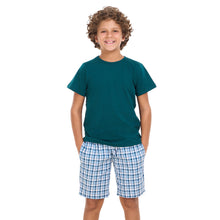 Load image into Gallery viewer, Boys summer pajama set Petroleum t-shirt +Petroleum x White Checkered  shorts
