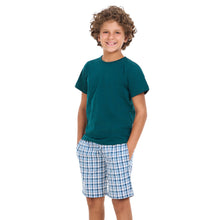 Load image into Gallery viewer, Boys summer pajama set Petroleum t-shirt +Petroleum x White Checkered  shorts
