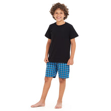 Load image into Gallery viewer, Boys summer pajama set Black t-shirt +Squared Blue shorts
