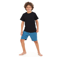 Load image into Gallery viewer, Boys summer pajama set Black t-shirt +Squared Blue shorts
