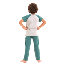 Load image into Gallery viewer, Boys summer pajama set Light blue dinasour t-shirt +Green pants
