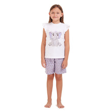 Load image into Gallery viewer, Girls summer pajama set Elephant t-shirt + Purple shorts

