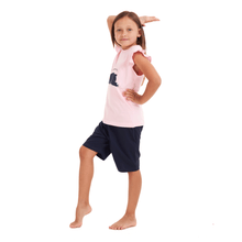 Load image into Gallery viewer, Girls summer pajama set Lazy bear t-shirt + Dark blue shorts
