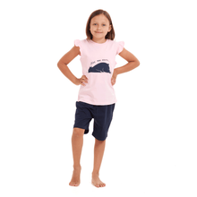 Load image into Gallery viewer, Girls summer pajama set Lazy bear t-shirt + Dark blue shorts
