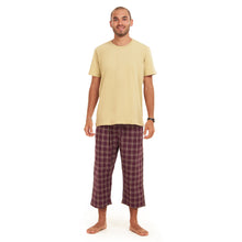 Load image into Gallery viewer, Men summer pajama set  Khaki T-shirt +Maroon Checkered Pantacor
