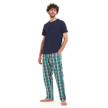 Load image into Gallery viewer, Men summer pajama set  Navy T-shirt + Green X Navy checkered Pants
