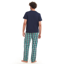 Load image into Gallery viewer, Men summer pajama set  Navy T-shirt + Green X Navy checkered Pants
