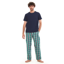 Load image into Gallery viewer, Men summer pajama set  Navy T-shirt + Green X Navy checkered Pants
