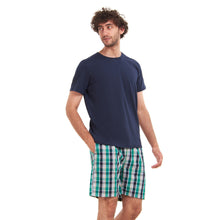 Load image into Gallery viewer, Men summer pajama set  Navy T-shirt + Green X Navy Checkered shorts

