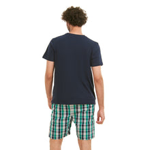 Load image into Gallery viewer, Men summer pajama set  Navy T-shirt + Green X Navy Checkered shorts
