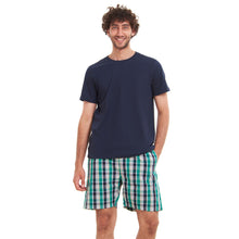 Load image into Gallery viewer, Men summer pajama set  Navy T-shirt + Green X Navy Checkered shorts
