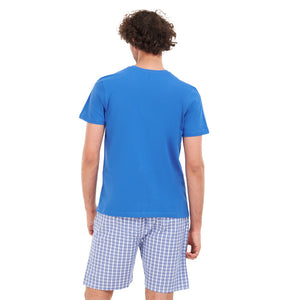 Men summer pajama set Royal blue T-shirt + Blue x white checkered short