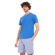 Load image into Gallery viewer, Men summer pajama set Royal blue T-shirt + Blue x white checkered short
