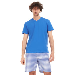 Men summer pajama set Royal blue T-shirt + Blue x white checkered short
