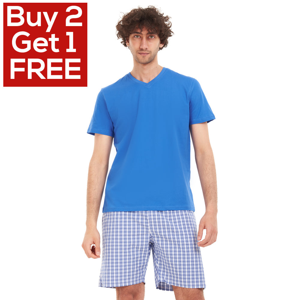 Men summer pajama set Royal blue T-shirt + Blue x white checkered short