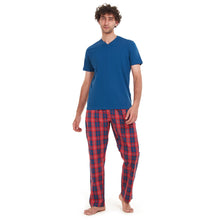 Load image into Gallery viewer, Men summer pajama set Indigo T-shirt +  Red x Indigo Checkered pants
